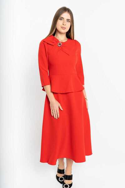 Nichii Women's Plain Midi Dress with Embroidered 3/4 Sleeve Collar