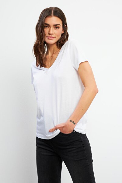 VENA Γυναικείο T-Shirt Boyfriend Λευκό V-Λαιμό Regular Fit Modal (LYOCELL) - 25645-022