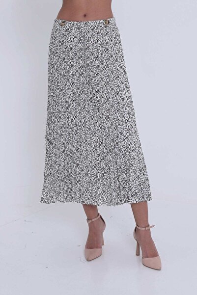 mica Women's Pleated Midi Skirt with Buttons and Pattern