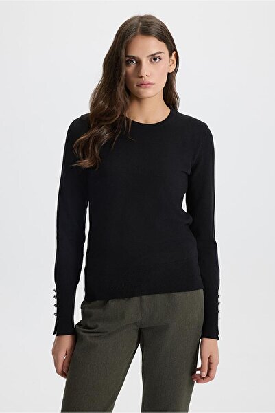 VENA Mona Bisiklet Yaka Kolu Düğmeli Triko Kazak-Siyah