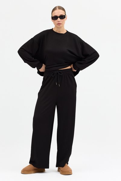mezqa Set top și pantaloni, croială lejeră, elastic, cu mâneci lungi, material premium moale din modal, negru