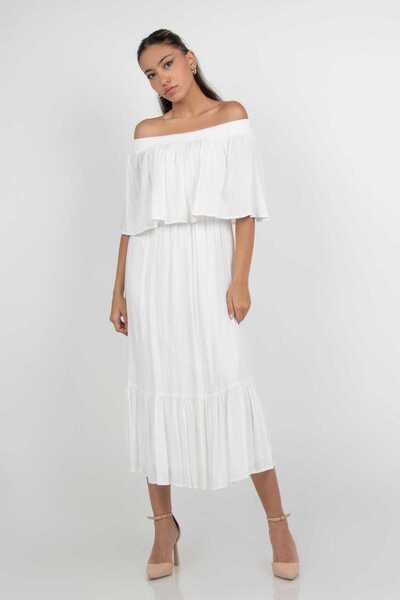 mica فستان ميدي مكشوف الكتفين بأكمام قصيرة