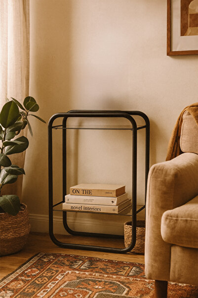 DEKOPRATİK Odessa Yan Sehpa - Siyah Metal Modern Yan Sehpa Füme Camlı – Şık Salon Sehpası