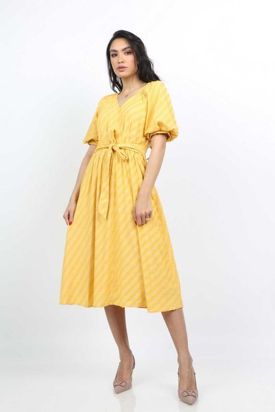 mica Midi Dress with Waist Tie and Short Sleeves