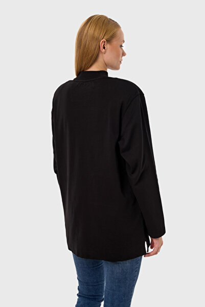 qanpaq Turey - Black Women's Embroidered Snap Fastener Padded Stand Collar Oversized Long Sleeve Basic