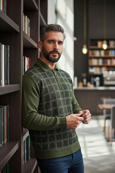 Kamalı Men's Steel Knit Houndstooth Shirt Collar Zippered Polo Collar Non-Pilling Knitwear Winter Dad Sweater