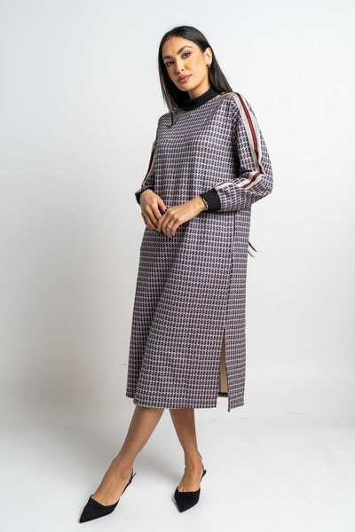 Nichii Women's Long Sleeve Striped Midi Dress with Checkered Pattern