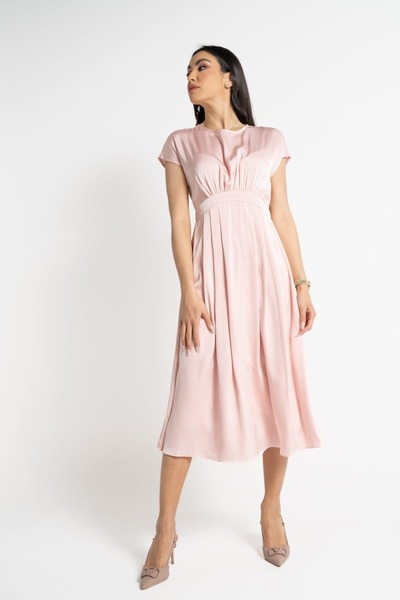 Nichii Women's Solid Midi Dress with Short Sleeves and Cinched Waist