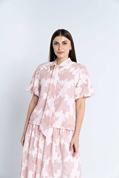 Nichii Women's Short Sleeve Printed Top with Long Neck Tie