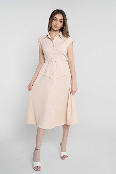 Nichii Women's Short Sleeve Plain Midi Dress with Front Buttons