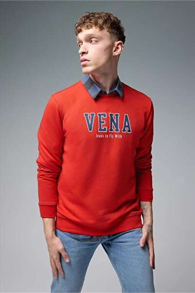 VENA Мъжка памучна блуза с велосипедна яка и лого - червена