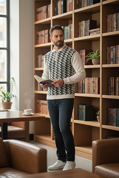 Kamalı Erkek Çelik Örgü Ekose Desenli Gömlek Yaka Fermuarlı Polo Yakalı Tüylenmez Triko Kışlık Baba Kazak