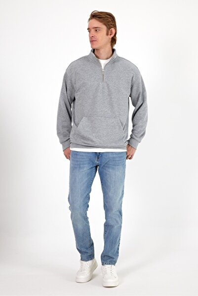VENA Bruce Dik Yaka Yarım Fermuarlı Sweatshirt-Gri Melanj