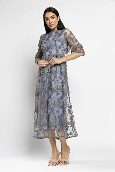 Nichii Floral Midi Dress with Lined Interior and Sheer Sleeves