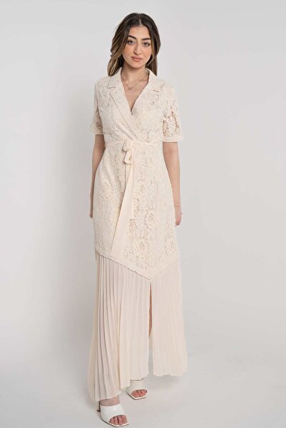 mica Short Sleeve Long Dress with Lace Decoration and Waist Tie