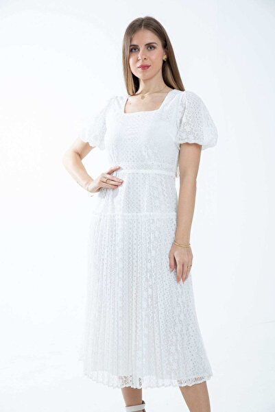 mica فستان ميدي قصير الأكمام منفوخ مع رقبة مربعة