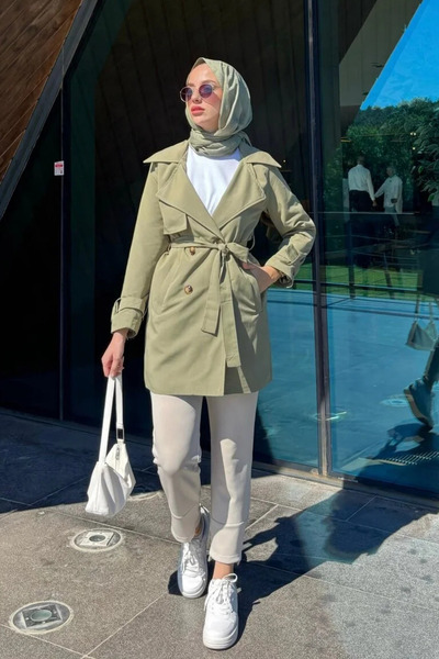 Tesettür Diyarı Kolu Kemer Detaylı Kısa Trenç-Haki