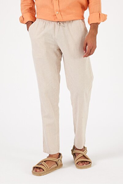 VENA Alfred Beli Lastikli Çizgili Keten Pantolon-Taş Çizgili