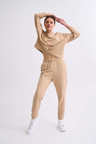 THERECOLOR Beige Organic Sweatpants Women's Two Pockets Lace-up