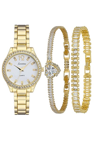 Forentina Gold Metal Kol Saati-2li Baget Bileklik Kombin Set PS4041
