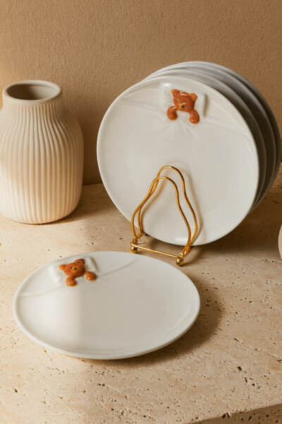 Anadolu Saray 6'lı ADET Beyaz Seramik Yatan Ayı Şekilli Tasarım Handmade Pasta Tabağı Tatlı Kahvaltı Pasta Tabağı