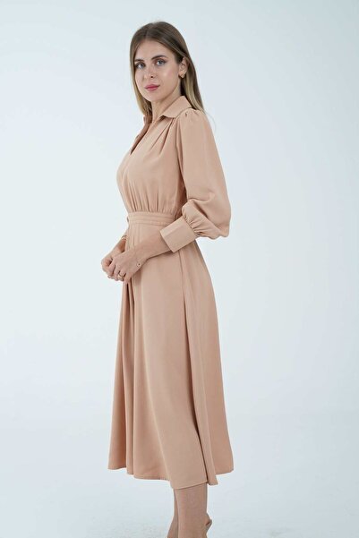 Nichii Women's Plain Midi Dress with Long Sleeves and Fitted Waist