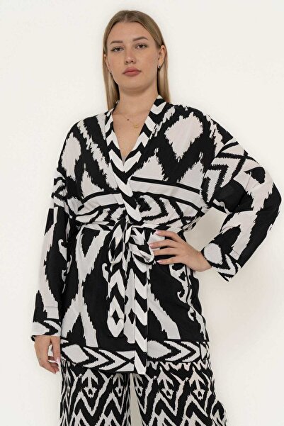 Yola Long Sleeve Printed Cardigan with Waist Tie