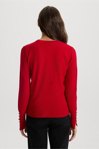 VENA Mona Bisiklet Yaka Kolu Düğmeli Triko Kazak-Kırmızı