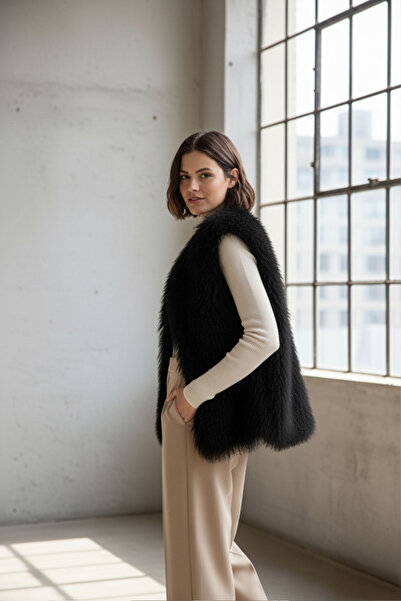 Deriderim Siyah Kadın Nell Tiftik Tüy Bol Kesim Yelek