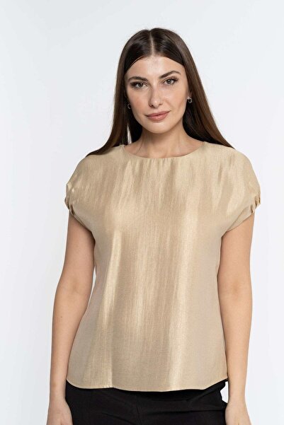 Nichii Women's Solid Short Sleeve Blouse with Shine Top