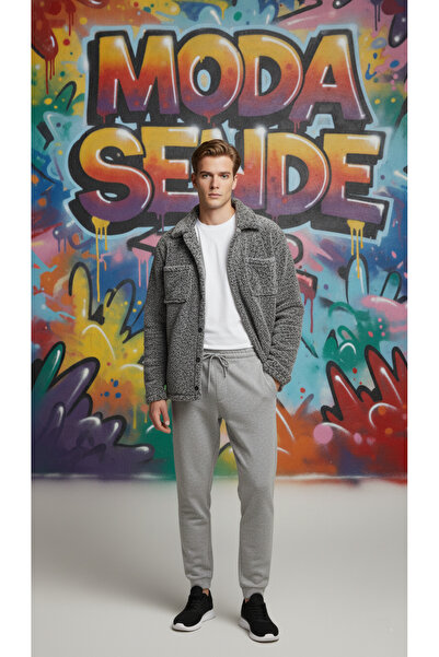 modasende Férfi zsebes részletes plüss ing és tréningruha kombináció, felső és alsó