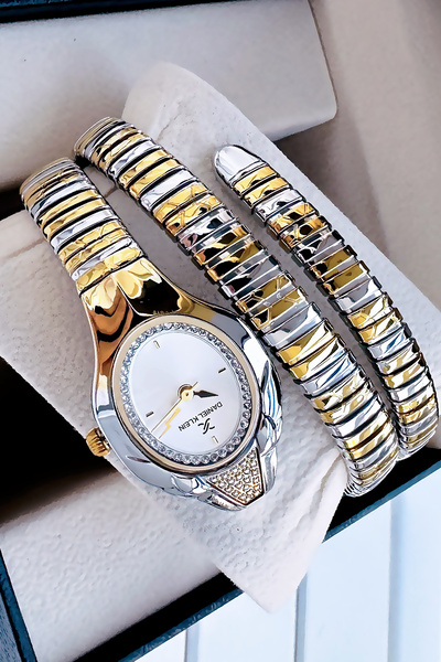 Daniel Klein Snake Model Women's Wrist Watch, Waterproof Gold Gumus Steel Band - Bracelet Gift Dkby2045C3