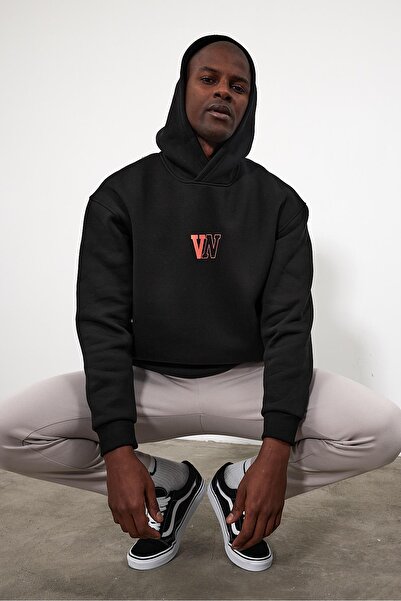 VENA Hanorac oversize cu glugă pentru bărbați, cu imprimeu cu logo - negru