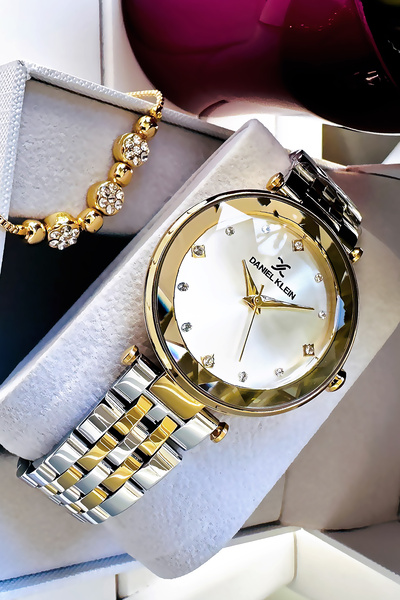 Daniel Klein Original Women's Wristwatch, Cut Glass Waterproof Gold Silver Steel Band - Bracelet Gift Dkby2049C3