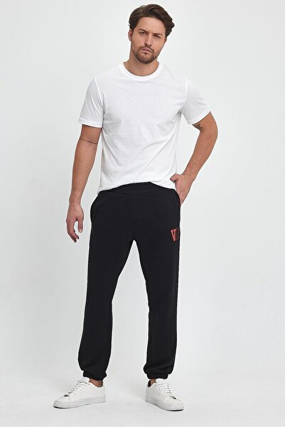 VENA Ανδρικό παντελόνι με λάστιχο στο πόδι με λογότυπο με τύπωμα - Μαύρο