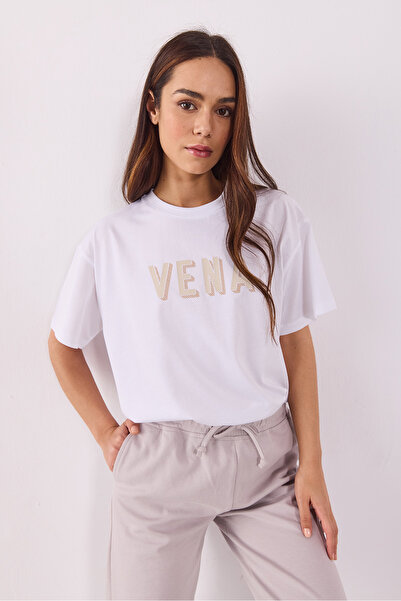 VENA تي شيرت نسائي كبير الحجم مطبوع عليه شعار 100% قطن - أبيض