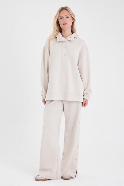 VENA Ruby Wide Leg Jogging Pants with Elastic Waist and Side Snaps (Cupro)-Bone