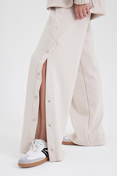 VENA Ruby Wide Leg Jogging Pants with Elastic Waist and Side Snaps (Cupro)-Bone