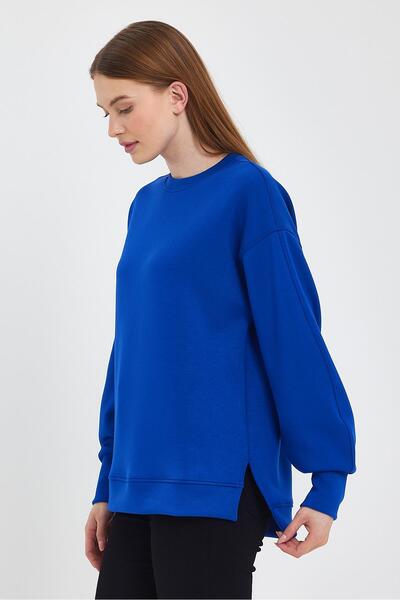 VENA Women's Crew Neck Sweatshirt with Side Slits and Soft Texture (Cupro)-Sapphire