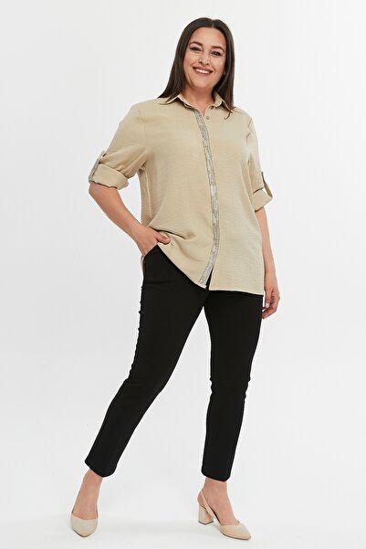 Laden Büyük Beden Kadın Uzun Kollu Abiye Yüksek Kalite Mevsimlik Taşlı Bej Anne Gömlek