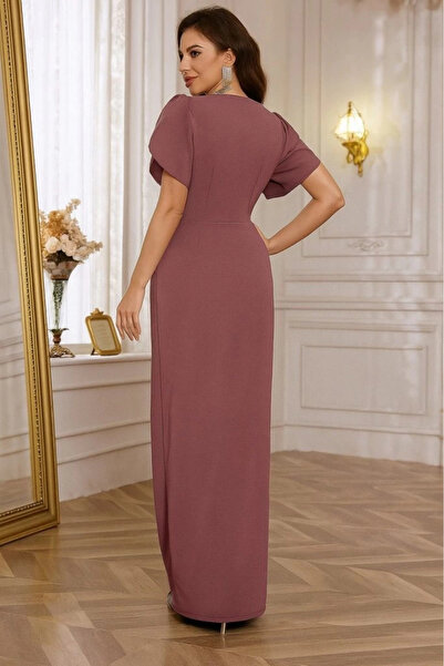 isez Γυναικείο κοντομάνικο διπλό γιακά με λουλούδια στη μέση Αξεσουάρ Σχισμή Εισαγόμενο φόρεμα κρεπ