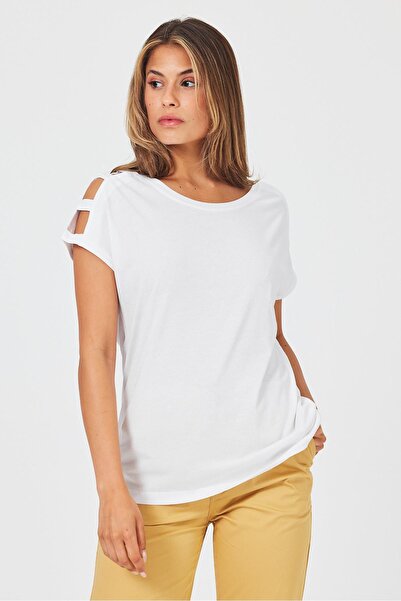 VENA Elsa White Modal T-Shirt - Crew λαιμόκοψη και λεπτομέρεια στους ώμους (Lyocell)