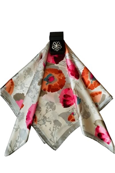 OEM Esarfa din matase satinata multicolora, model 9, imprimeu flori, cu inel argintiu cu perla, 60 x 60