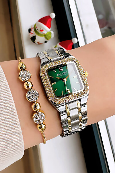 Tom Jones ساعة يد نسائية أصلية مربعة مقاومة للماء باللون الذهبي والفضي والأخض...