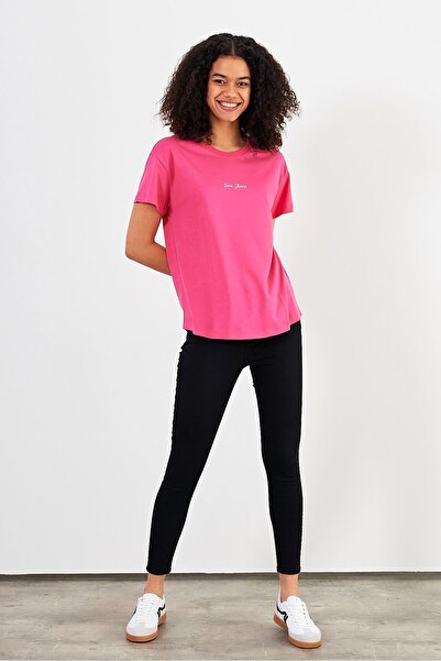 VENA Mini Logo Printed Regular Fit T-Shirt-Fuchsia