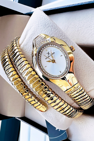 Daniel Klein Snake Model Women's Wrist Watch, Waterproof Gold Color Steel Band - Bracelet Gift Dkby2045C1