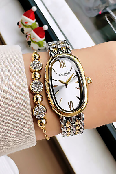 Tom Jones ساعة يد نسائية أصلية 3 Atm مقاومة للماء باللون الذهبي والفضي وسوار فولاذي - سوار هدية GTJB2013C2