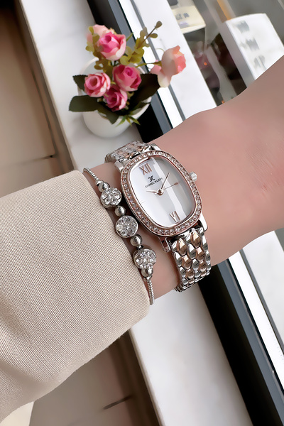 Daniel Klein Oval Stone Case Waterproof Women Wristwatch Rose Silver Color Steel Band Gift Bangle Dkby2032C5