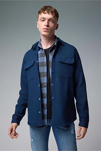 VENA Чоловіча сорочка Regular Fit з капюшоном і кишенями з габардину - темно-синя