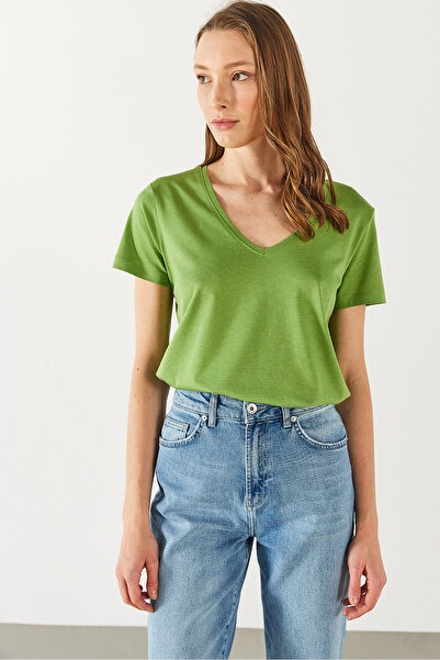 VENA Μπλούζα Boyfriend V Yaka Regular Fit Modal (TENCEL)(TM) - ΠΡΑΣΙΝΟ